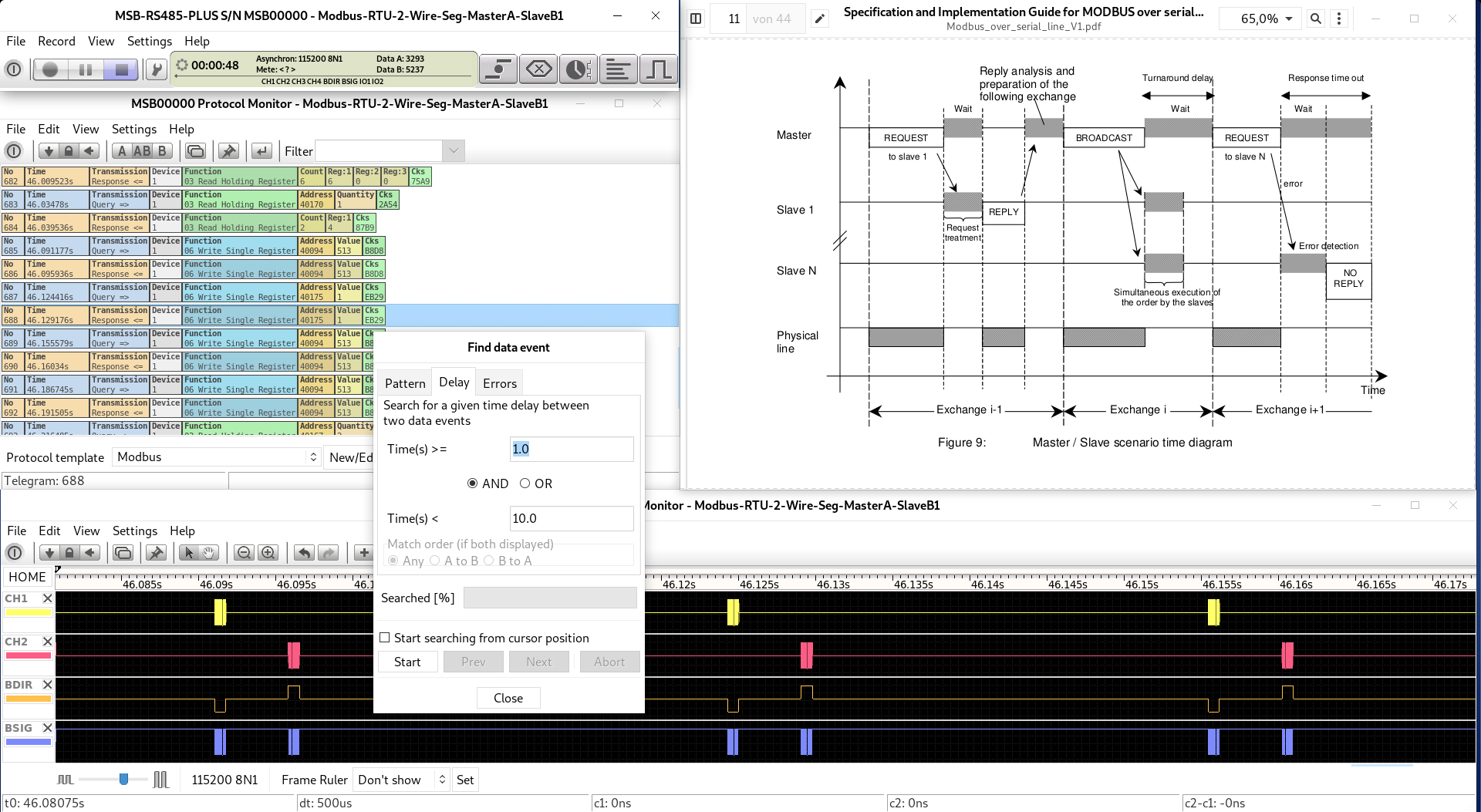 Possible search options for a Modbus RTU transmission