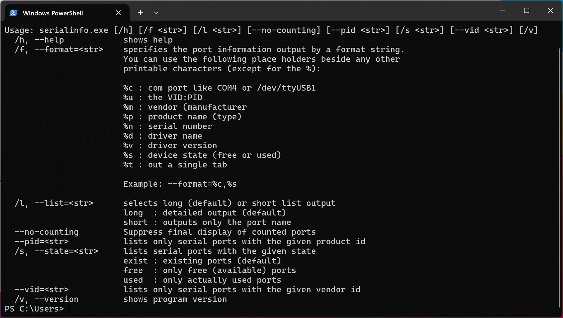 serialinfo program running in Windows powershell